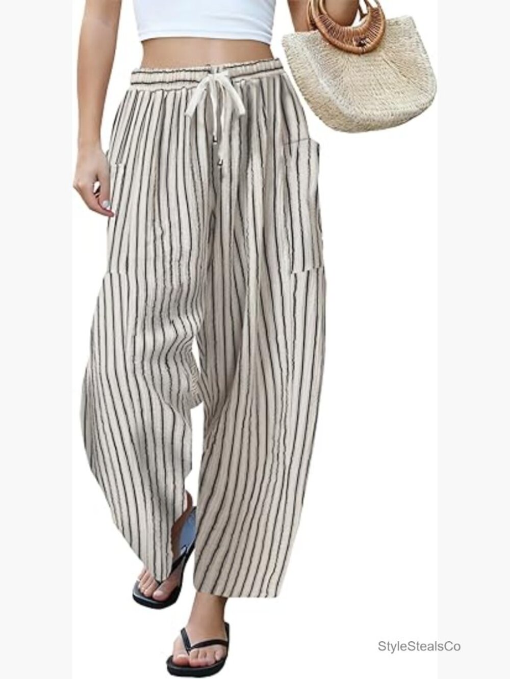Wide Leg Linen Pants with Pockets Drawstring Elastic Waist Palazzo Harem